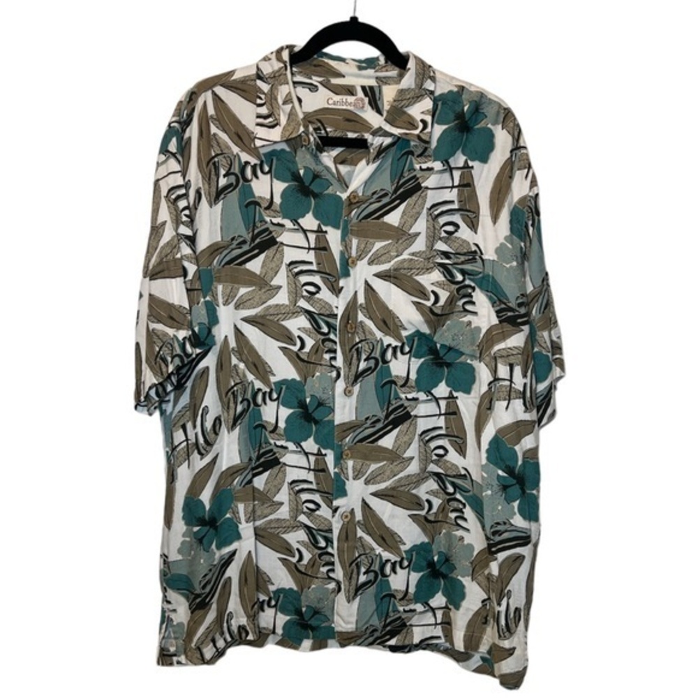 Caribbean‎ Men's Rayon Hawaiian Shirt Sz L Cork Buttons Up Chest Pocket Cool